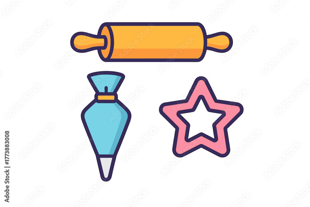 Obraz premium Essential baking tools set including a wooden rolling pin, pastry bag, and star cookie cutter