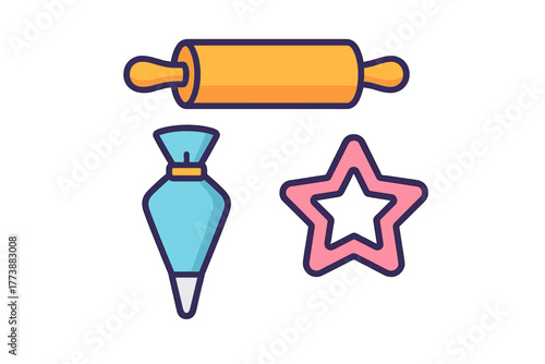 Essential baking tools set including a wooden rolling pin, pastry bag, and star cookie cutter