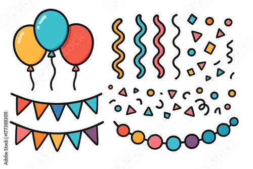 Colorful collection of party and celebration elements including balloons, streamers, confetti, and bunting flags