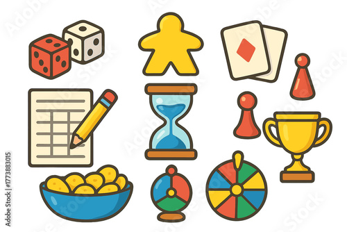 Colorful set of board game components and accessories including dice, cards, pawns, hourglass, and trophy