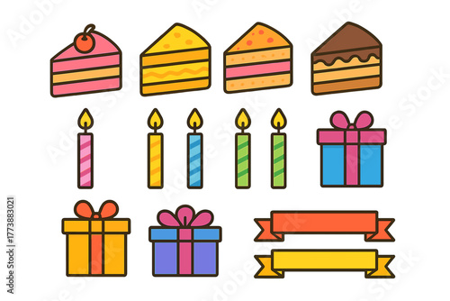 Colorful set of birthday celebration objects: cake slices, burning candles, and gift boxes