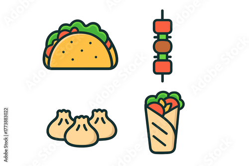 Set of popular international street foods including taco, shish kebab, dumplings, and vegetable wrap