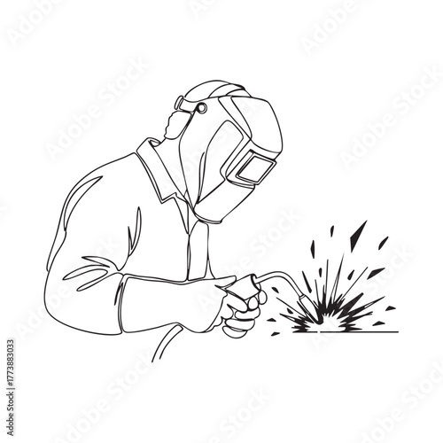 A continuous line drawing depicts a welder wearing protective gear, creating sparks as they work on a metal surface, highlighting the industrial process.