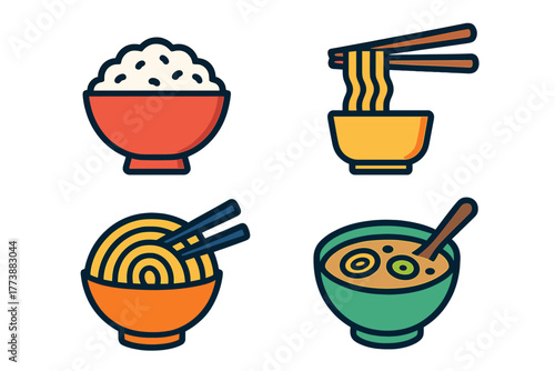 Four colorful Asian food bowls featuring steamed rice, ramen noodles, and hot soup