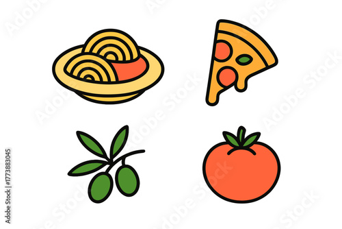 Popular Italian cuisine symbols featuring pasta, pizza, olives, and fresh tomato