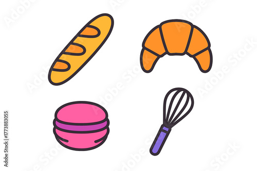 Colorful bakery and pastry set featuring baguette, croissant, macaron, and kitchen whisk tool