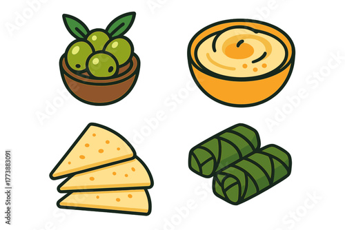 Mediterranean mezze appetizer featuring olives, creamy hummus, pita bread, and stuffed grape leaves