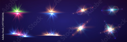 Colorful lens flare set. Bright rainbow light effects, glowing flashes, optical glare and star bursts on transparent background.