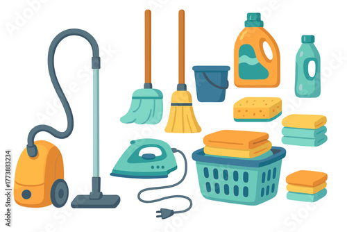 Essential household cleaning tools and laundry equipment set including vacuum cleaner and iron