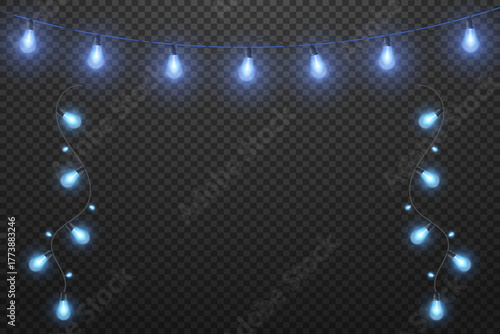Realistic glowing garlands on a transparent background. Decorative garlands for Christmas, New Year's, parties, or holiday decorations. Bright bulbs with a soft glow and reflective effect.