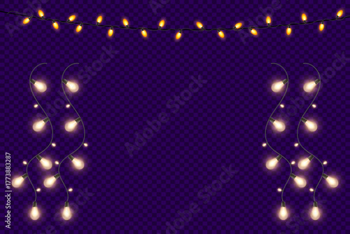 Realistic glowing garlands on a transparent background. Decorative garlands for Christmas, New Year's, parties, or holiday decorations. Bright bulbs with a soft glow and reflective effect.