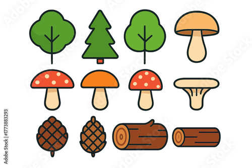 Stylized collection of forest nature elements: deciduous and evergreen trees, mushrooms, and logs