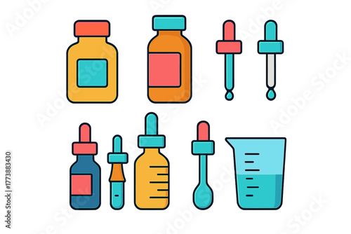 Collection of laboratory glassware, medical containers, dropper bottles, and measuring cups used for science and health research