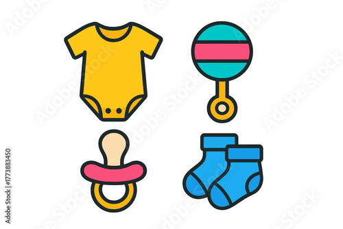 Colorful collection of baby essentials: bodysuit, rattle, pacifier, and socks