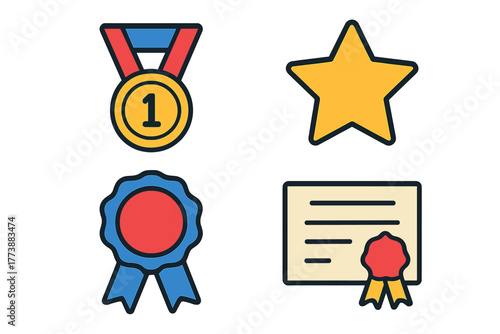 Set of four colorful symbols representing success, quality, and winning achievements