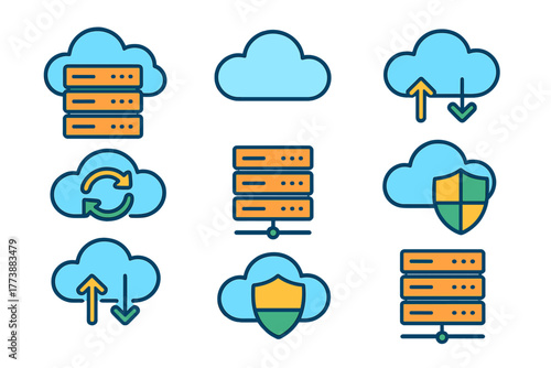 Colorful icons set for cloud computing, data storage, server infrastructure, and network security