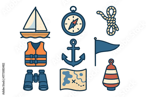 Nautical and sailing icons set featuring compass, anchor, sailboat, life jacket, and map elements