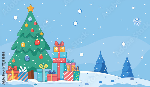 Enchanting Snowy Christmas Tree with Gifts Illustration