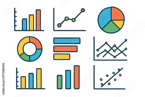 Colorful business data visualization charts and graphs for analytics and reporting