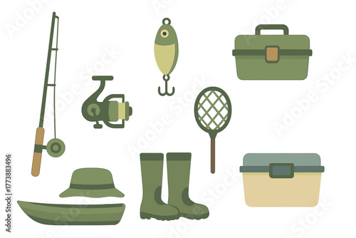 Essential outdoor fishing equipment set including rod, reel, lure, tackle boxes, and boots