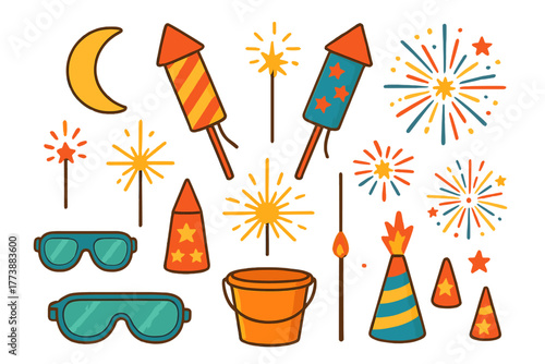 Set of colorful fireworks rockets sparklers safety goggles and celebration items