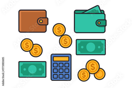 Financial icons set featuring wallets, dollar banknotes, golden coins, and a pocket calculator