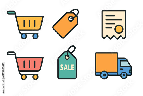 Colorful e-commerce and shopping symbols including cart, price tag, receipt, and delivery truck