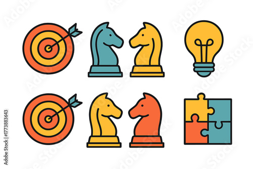 Set of colorful outline icons representing business strategy goals ideas and solutions