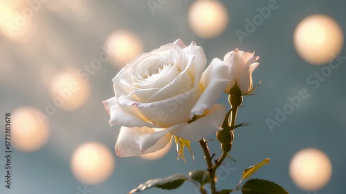 Delicate white rose with soft petals and bud glowing against dreamy bokeh light background