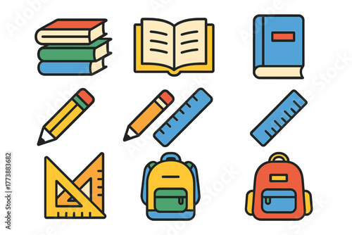 Colorful collection of school supplies including books, pencils, rulers, and geometry tools