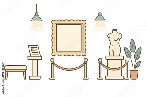 Art gallery interior with empty picture frame, classical statue, and velvet rope barrier