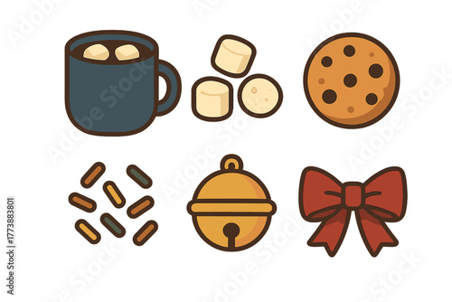 Cozy winter holiday elements: hot chocolate, marshmallows, cookie, sprinkles, jingle bell, and festive red bow