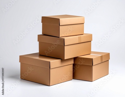 Isolated stack of brown shipping cartons on white, perfect for emphasizing packaging and clean product presentation. Stacking Present birthday box and brown box in white background and for industry