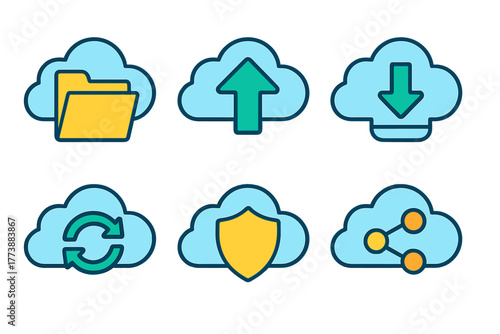 Essential cloud technology icons collection featuring data transfer, security, synchronization, and sharing symbols