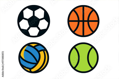 Four popular sports balls set including soccer, basketball, volleyball, and tennis equipment