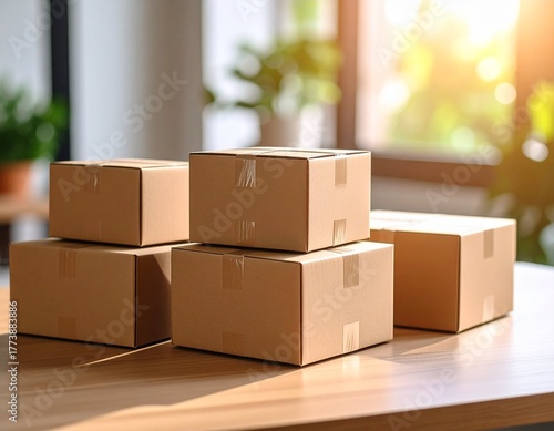 Isolated stack of brown shipping cartons on white, perfect for emphasizing packaging and clean product presentation. Stacking Present birthday box and brown box in white background and for industry