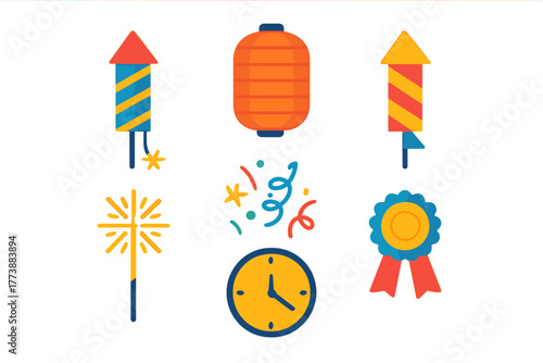 Colorful celebration elements including fireworks, sparkler, lantern, clock, and award rosette