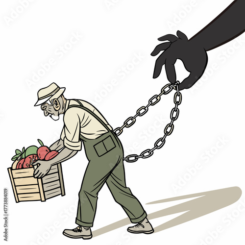 Elderly farmer burdened by chains controlled by a shadowy hand while carrying a harvest of produce