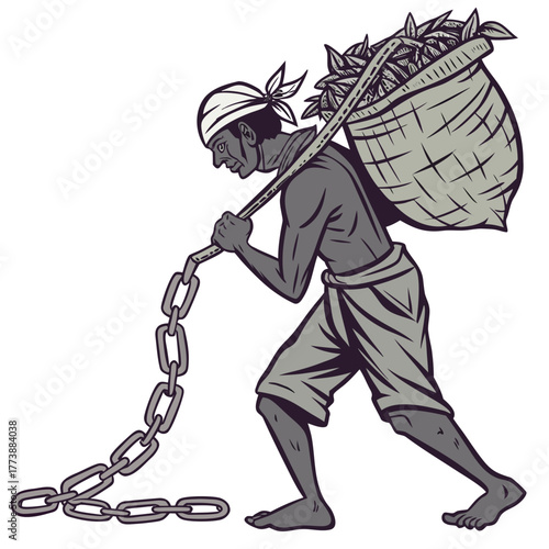 Man carrying heavy basket of leaves on shoulder with a chain dragging behind him