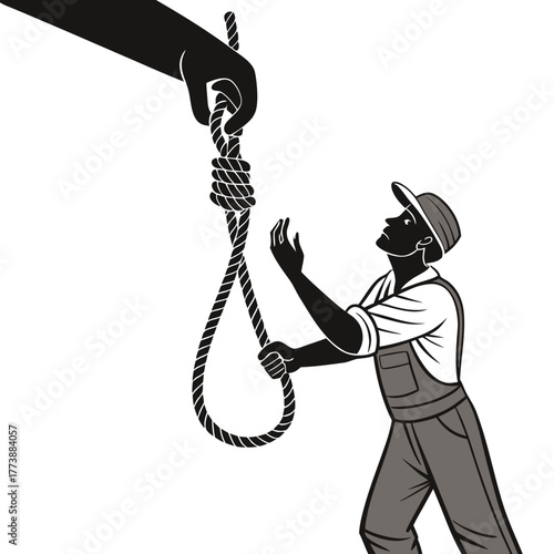 A giant hand holding a noose over a worker in overalls looking up in despair