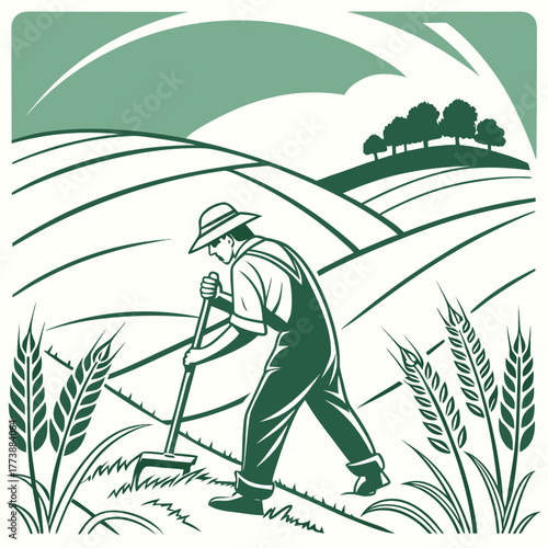 Farmer working the land with a hoe in a stylized field with wheat stalks and rolling hills