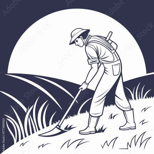 Farmer working the land with a hoe under a large sun or moon in a stylized landscape