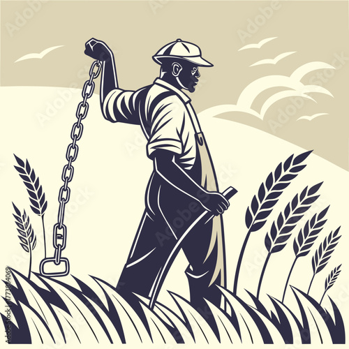 Farmer holding a heavy chain in a wheat field with birds flying in the sky