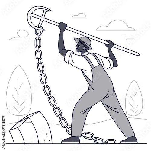 Man in overalls and hat lifting a heavy anchor with a strong chain and a stone base