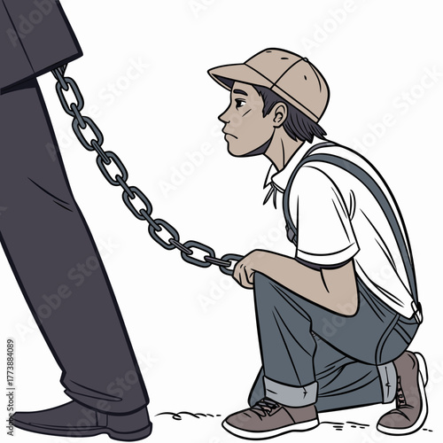 Young boy chained to a person s leg representing societal control or oppression