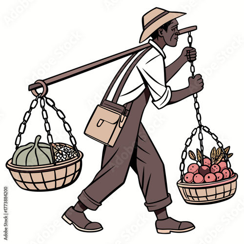 Man carrying baskets of fresh fruits and vegetables on a shoulder pole with a satchel
