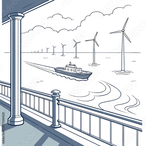 View from a pier overlooking a boat sailing past offshore wind turbines under a cloudy sky