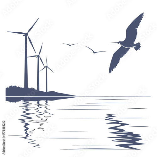 Silhouette of wind turbines on a hill overlooking a calm lake with birds flying overhead
