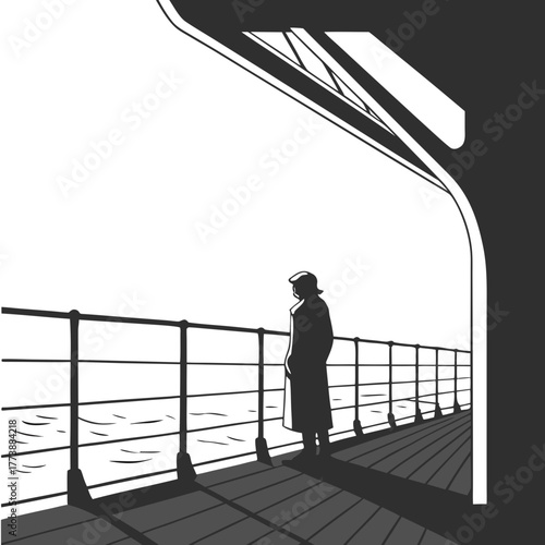 Lone figure in a long coat and hat stands on a ship deck looking out at the ocean