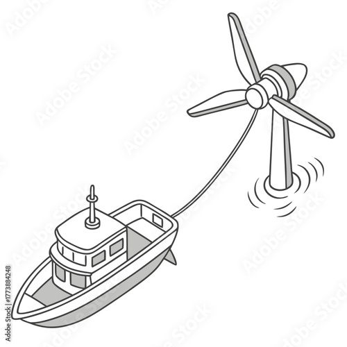 Illustration of a boat connected by a cable to a floating wind turbine generating renewable energy